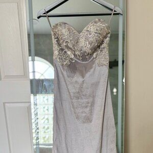 Elegant Gray Metallic Gown with Embroidered & Beaded Bodice